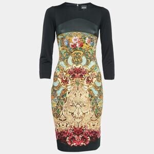 Just Cavalli Dress Womens M Black Printed Jersey Bodycon Art To Wear Y2K Artsy